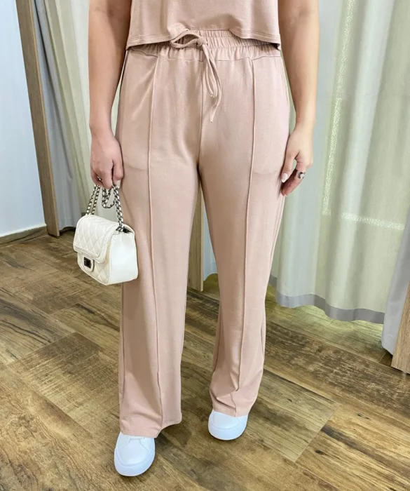 Conjunto Moletinho Calça Pantalona e Cropped Bege - Fernanda Ramos Store