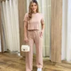 Conjunto Moletinho Calça Pantalona e Cropped Bege - Fernanda Ramos Store