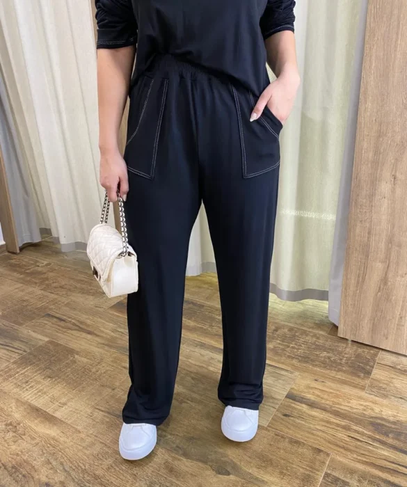 Conjunto Moletinho Calça Pantalona e Cropped Manga Longa Preto - Fernanda Ramos Store