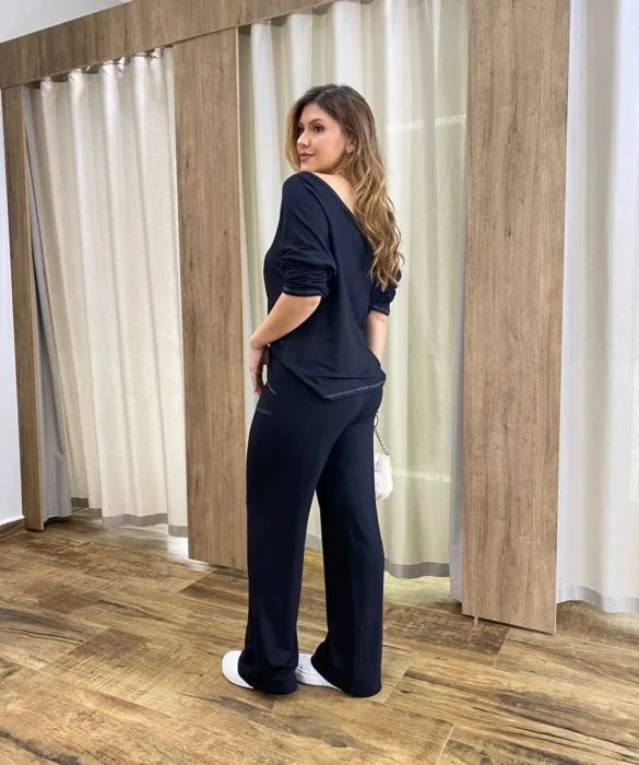 Conjunto Moletinho Calça Pantalona e Cropped Manga Longa Preto - Fernanda Ramos Store