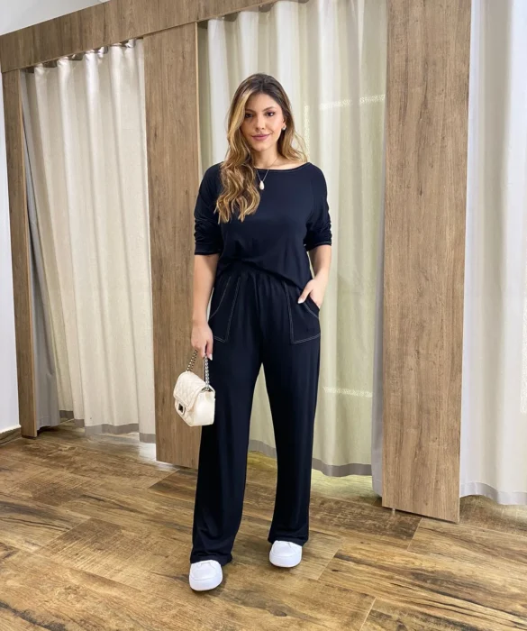 Conjunto Moletinho Calça Pantalona e Cropped Manga Longa Preto - Fernanda Ramos Store