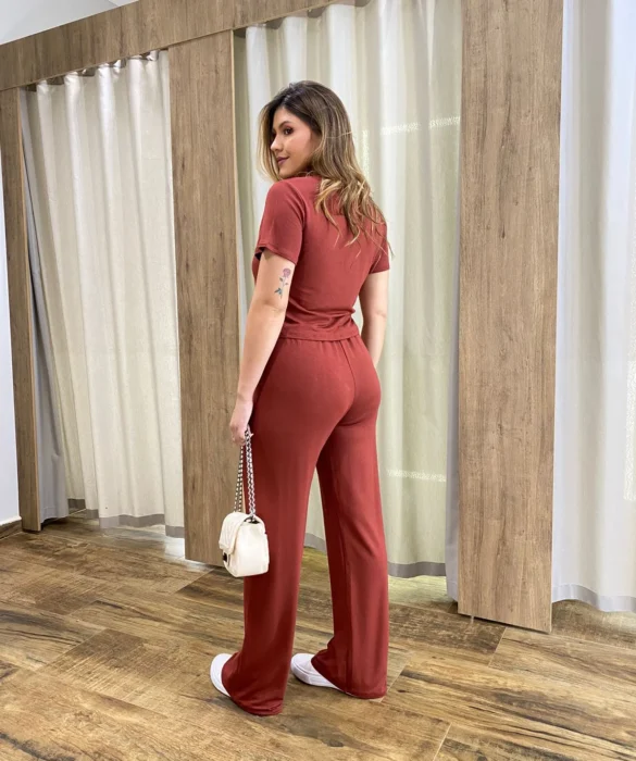 Conjunto Moletinho Calça Pantalona e Cropped Terracota - Fernanda Ramos Store