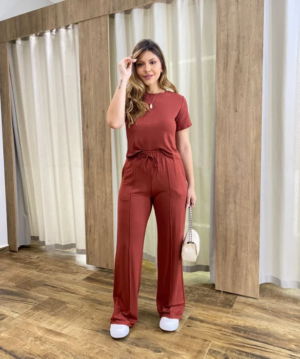 Conjunto Moletinho Calça Pantalona e Cropped Terracota - Fernanda Ramos Store