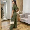 Conjunto Moletinho Lara Calça Pantalona e Cropped Verde Militar - Fernanda Ramos Store