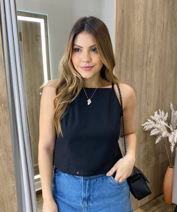 Cropped Feminino Ana Júlia sem Bojo com Alça Fina Preto - Fernanda Ramos Store