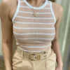 Cropped Feminino Helena sem Bojo Canelado Bege Listrado - Fernanda Ramos Store