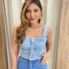 Cropped Feminino Yasmin sem Bojo com Botões e Lastex Atrás Jeans - Fernanda Ramos Store