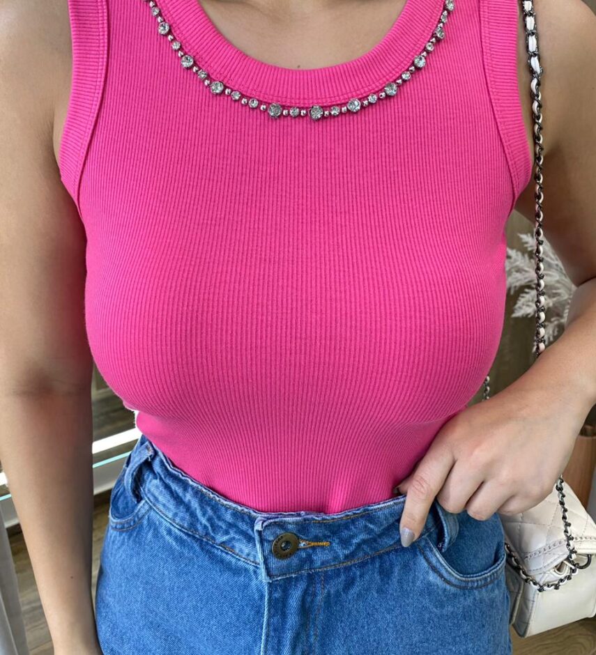 Regata Feminina Modal Agatha com Aplicações Pink - Fernanda Ramos Store