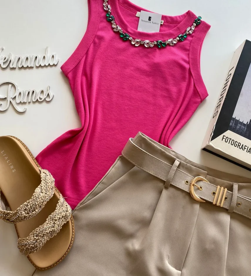 Regata Feminina Modal Diana com Aplicações em Pedrarias Pink - Fernanda Ramos Store