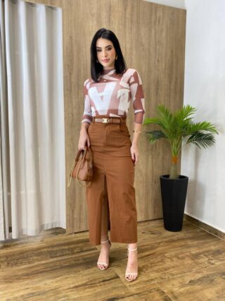 Saia Feminina Midi Juliana com Fenda Marrom - Fernanda Ramos Store