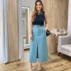 Saia Midi Feminina Alfaiataria Heloísa com Cinto Azul Turquesa - Fernanda Ramos Store