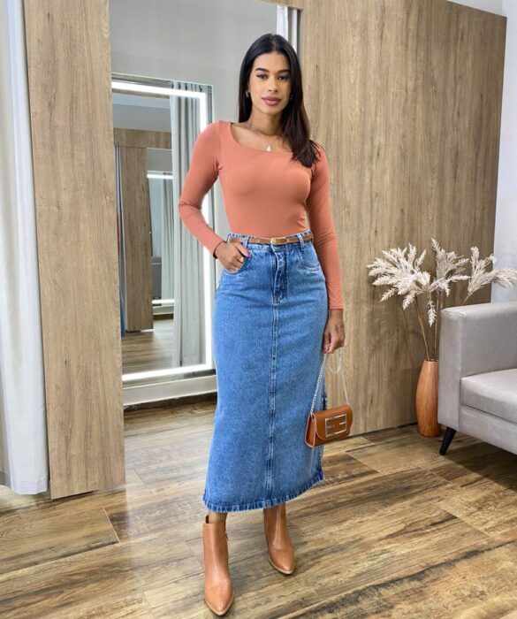 Saia Midi Feminina Suzy com Cinto Jeans - Fernanda Ramos Store