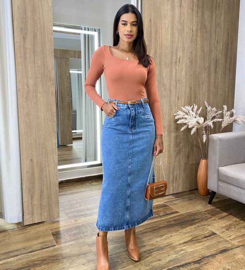 Saia Midi Feminina Suzy com Cinto Jeans - Fernanda Ramos Store
