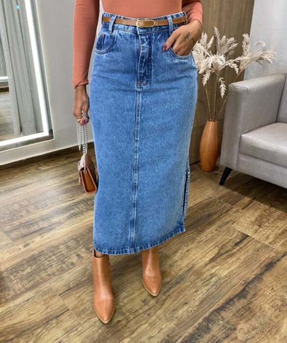 Saia Midi Feminina Suzy com Cinto Jeans - Fernanda Ramos Store