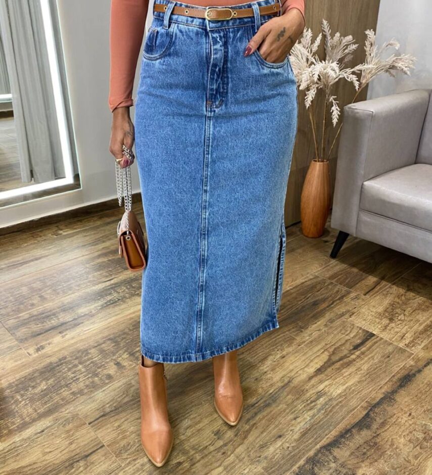 Saia Midi Feminina Suzy com Cinto Jeans - Fernanda Ramos Store