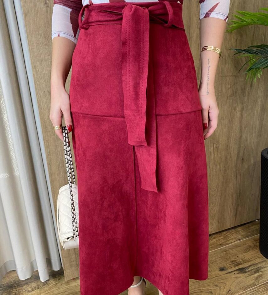 Saia Midi Laura Suede Vinho com Amarração - Fernanda Ramos Store