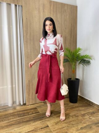 Saia Midi Laura Suede Vinho com Amarração - Fernanda Ramos Store