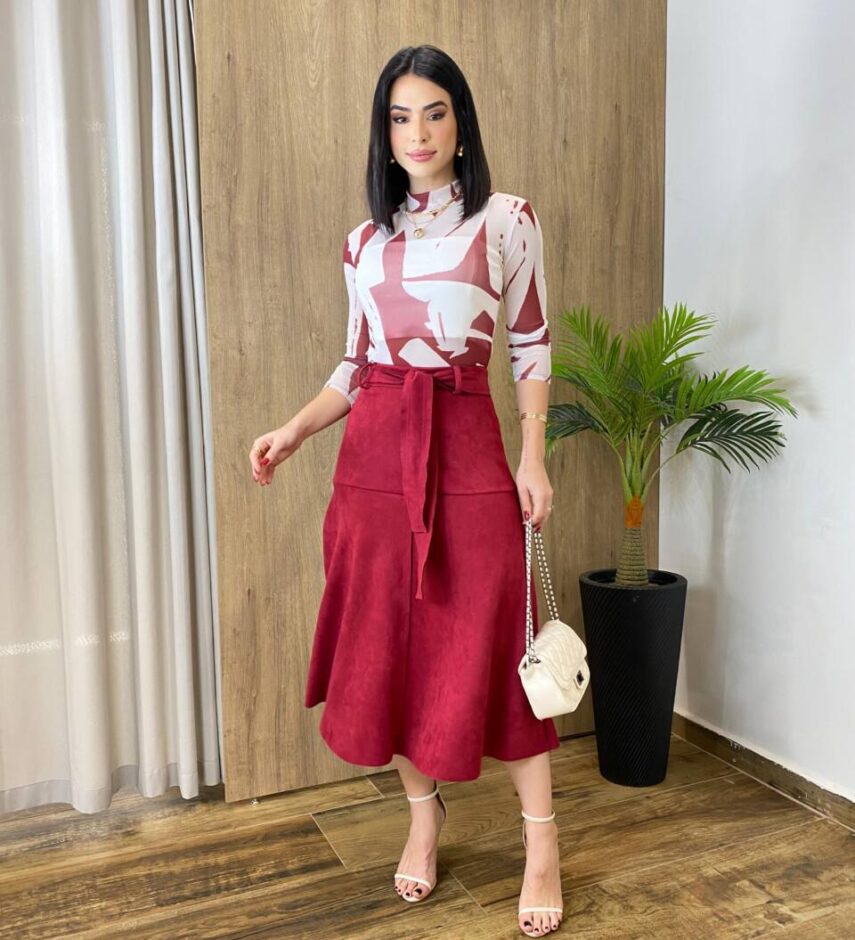 Saia Midi Laura Suede Vinho com Amarração - Fernanda Ramos Store
