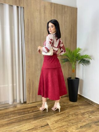 Saia Midi Laura Suede Vinho com Amarração - Fernanda Ramos Store