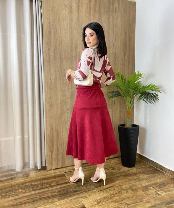 Saia Midi Laura Suede Vinho com Amarração - Fernanda Ramos Store