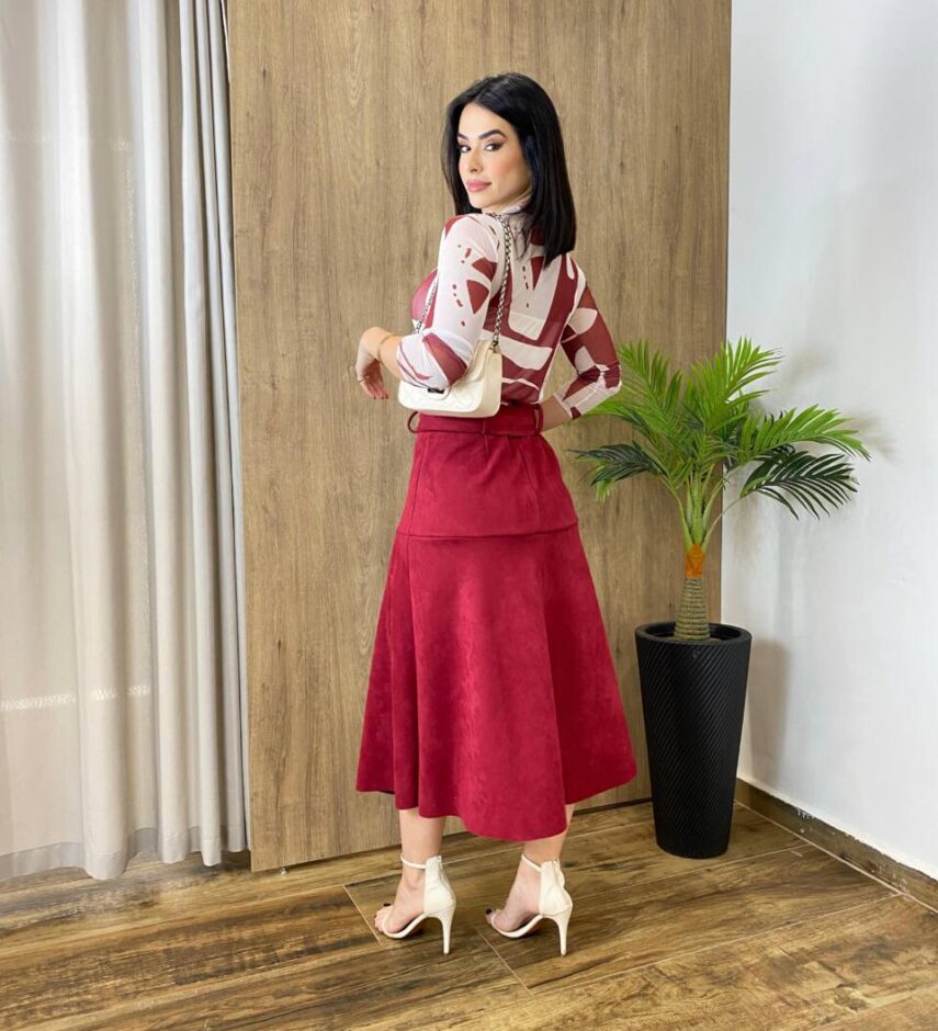 Saia Midi Laura Suede Vinho com Amarração - Fernanda Ramos Store
