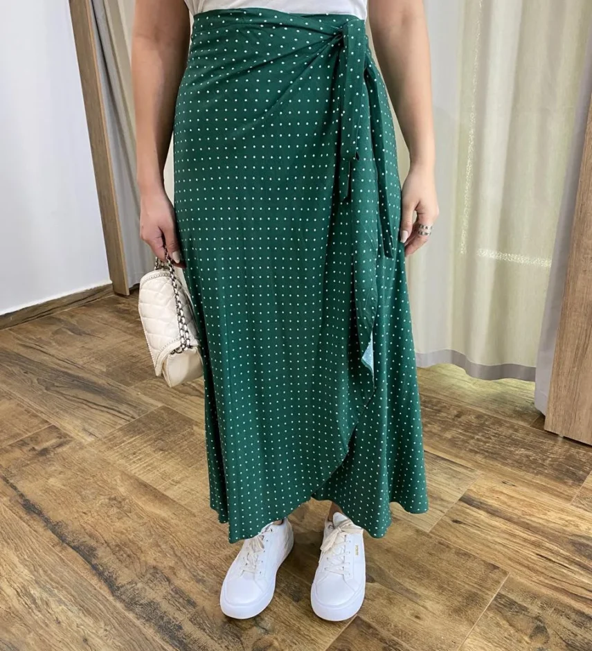 Saia Midi Transpassada Aurora com Amarração Poá Verde - Fernanda Ramos Store