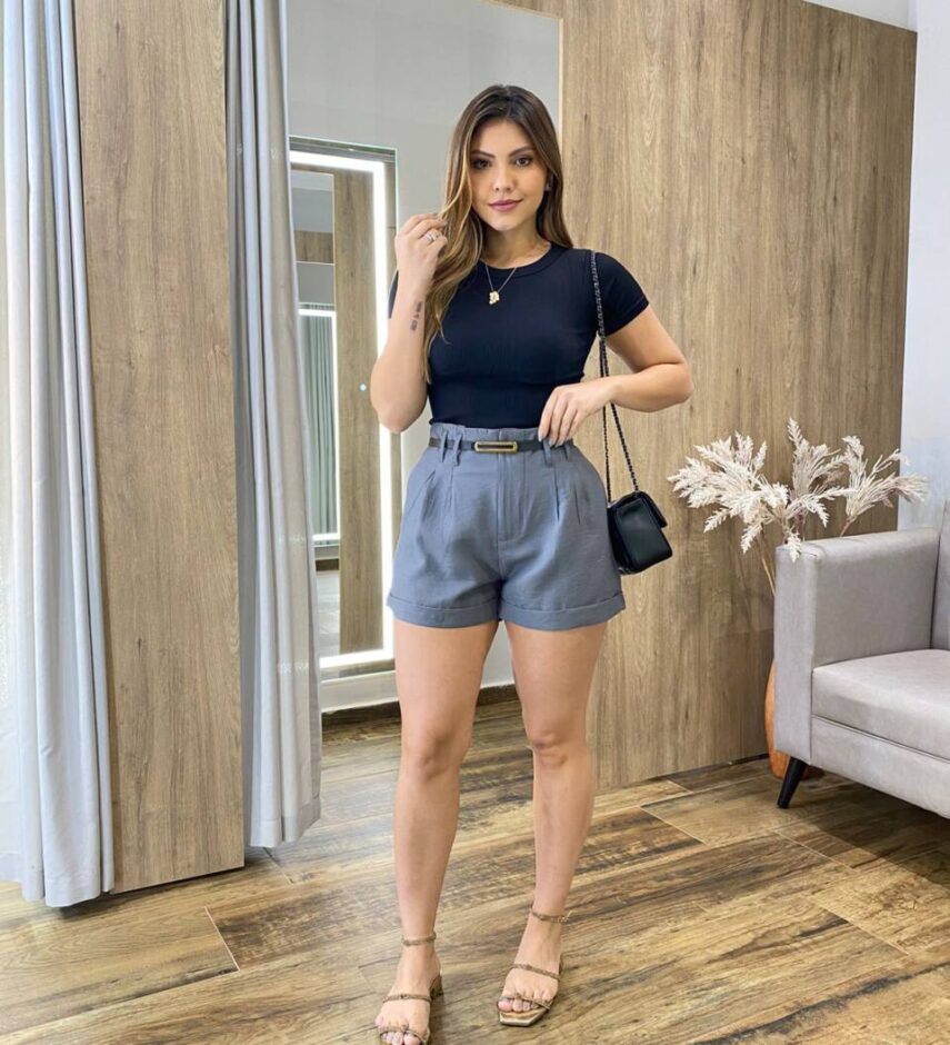 Short Feminino Alfaiataria Lara Cinza com Cinto - Fernanda Ramos Store
