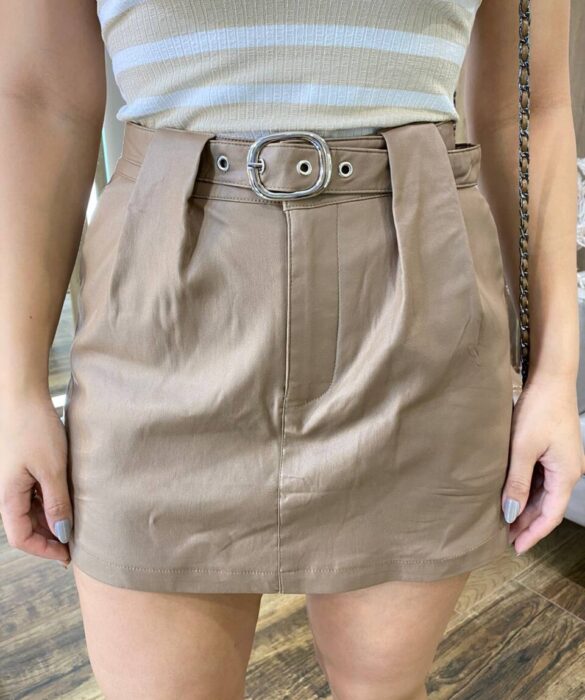 Short Saia Feminino Ana Couro Eco com Cinto Caqui - Fernanda Ramos Store