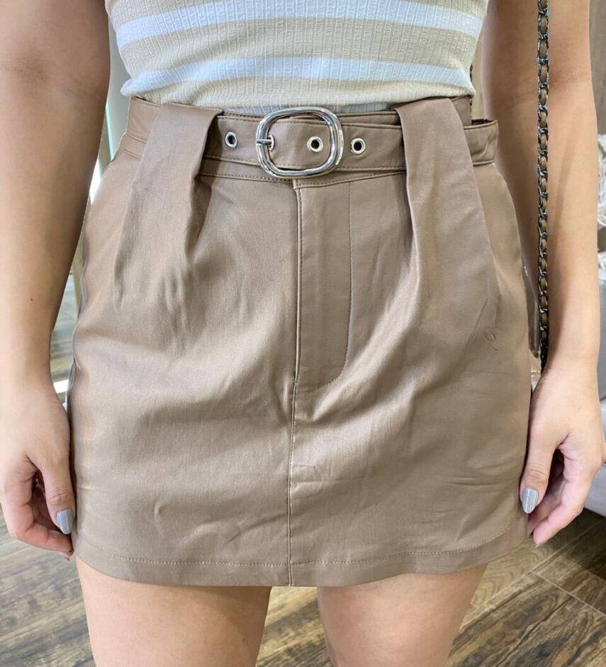 Short Saia Feminino Ana Couro Eco com Cinto Caqui - Fernanda Ramos Store