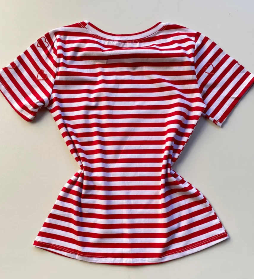 T-shirt Feminina Manga Curta Lívia Branca Listrada de Vermelho - Fernanda Ramos Store