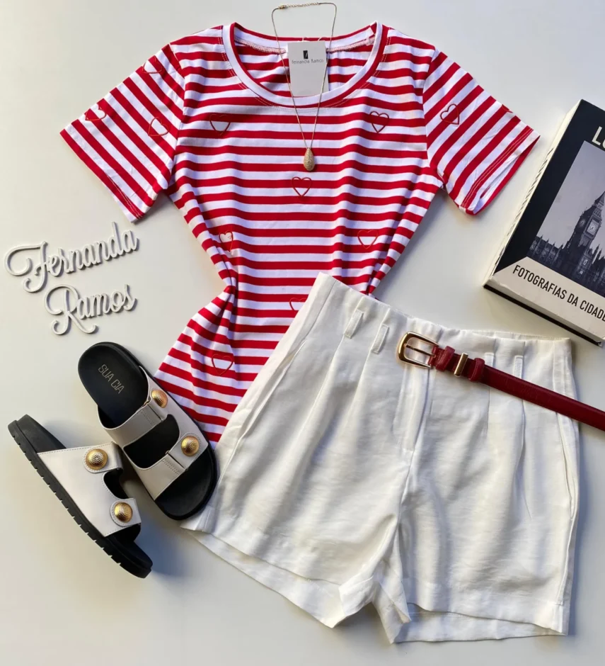 T-shirt Feminina Manga Curta Lívia Branca Listrada de Vermelho - Fernanda Ramos Store