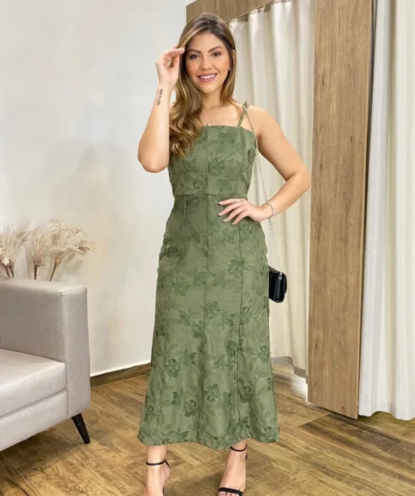 Vestido Feminino Midi sem Bojo Suede Bordado Floral Verde - Fernanda Ramos Store