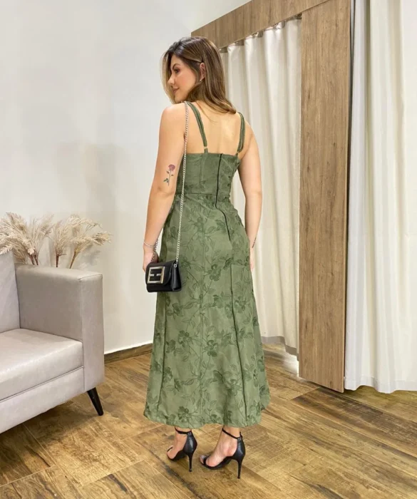 Vestido Feminino Midi sem Bojo Suede Bordado Floral Verde - Fernanda Ramos Store