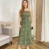 Vestido Feminino Midi sem Bojo Suede Bordado Floral Verde - Fernanda Ramos Store