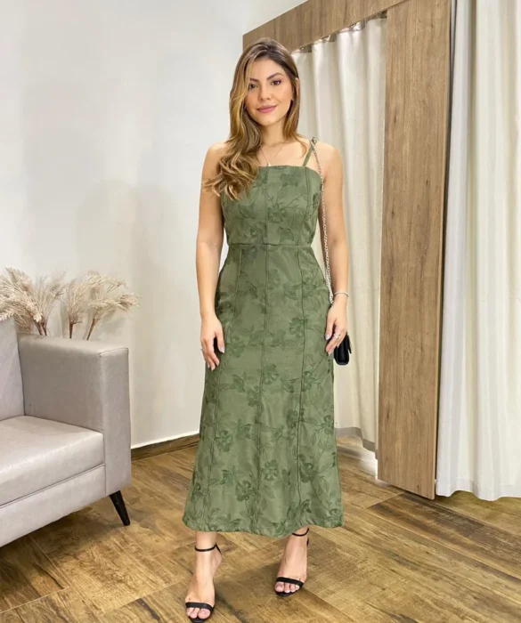 Vestido Feminino Midi sem Bojo Suede Bordado Floral Verde - Fernanda Ramos Store