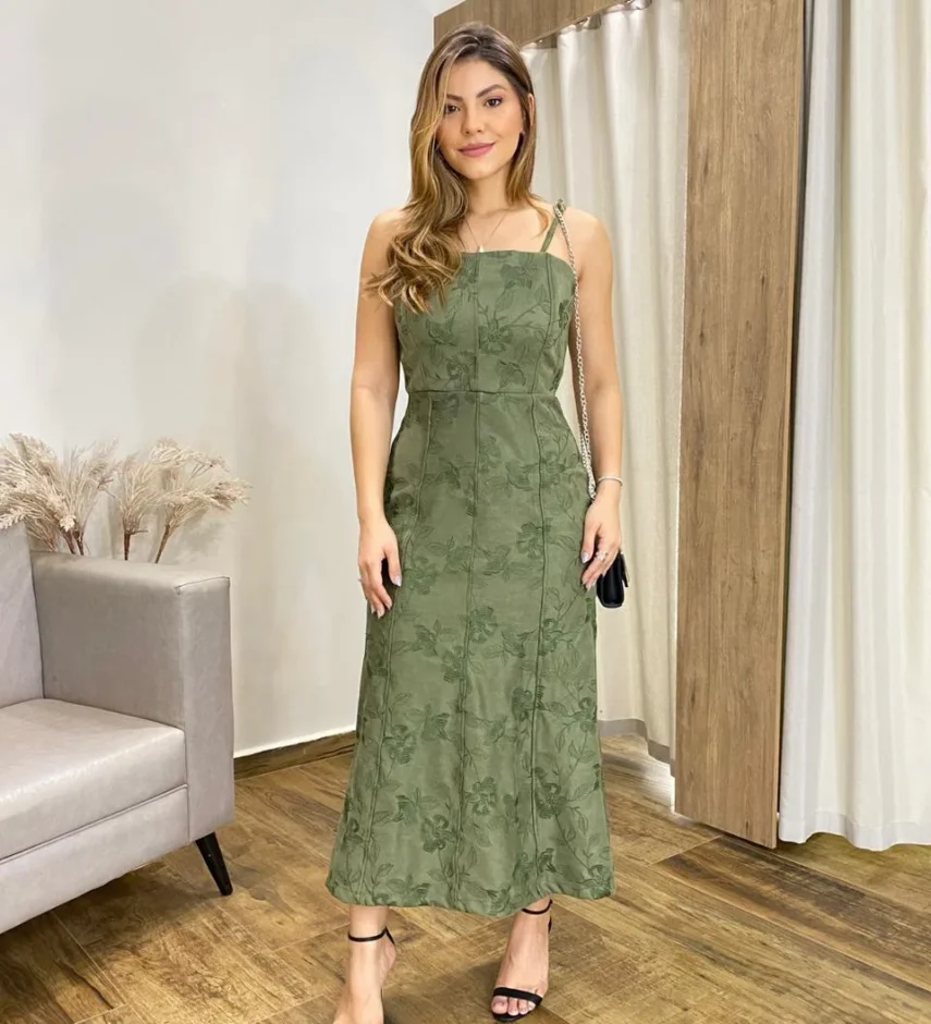 Vestido Feminino Midi sem Bojo Suede Bordado Floral Verde - Fernanda Ramos Store