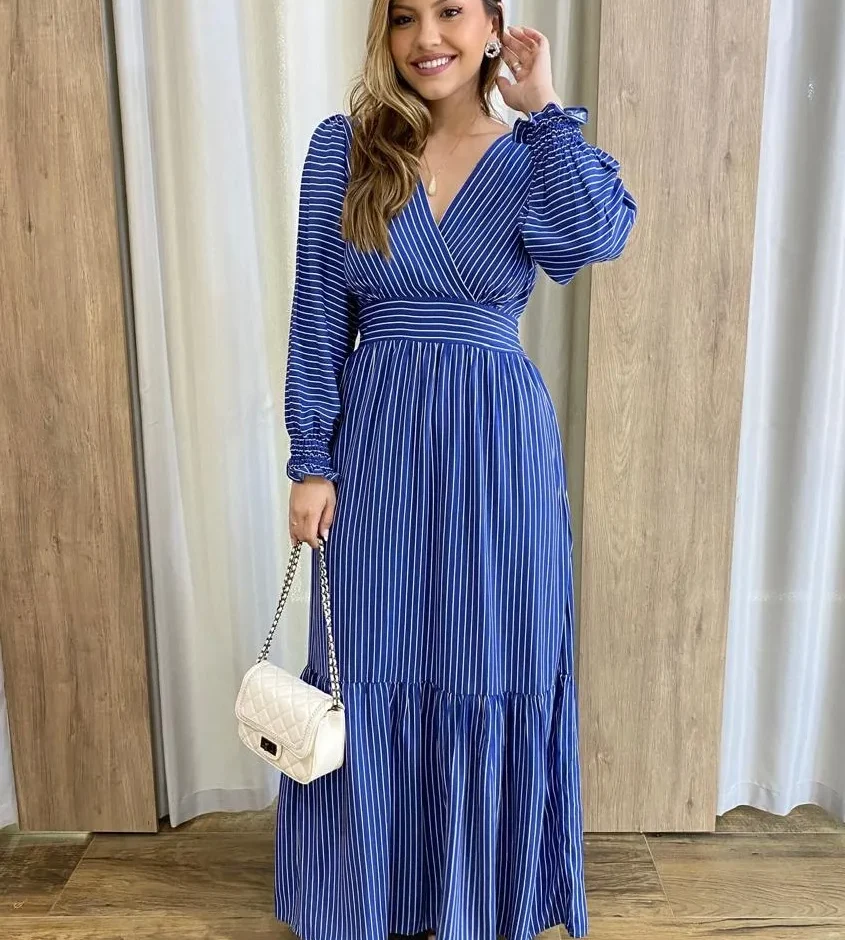 Vestido Longo Alice sem Bojo Manga Longa Azul Listrado - Fernanda Ramos Store