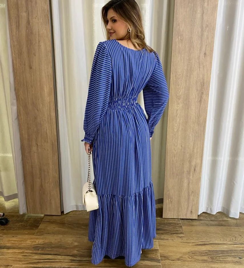 Vestido Longo Alice sem Bojo Manga Longa Azul Listrado - Fernanda Ramos Store