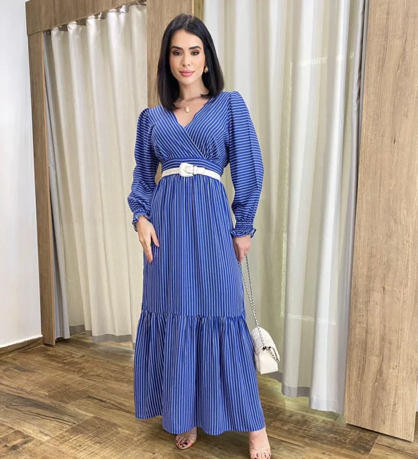 Vestido Longo Alice sem Bojo Manga Longa Azul Listrado - Fernanda Ramos Store