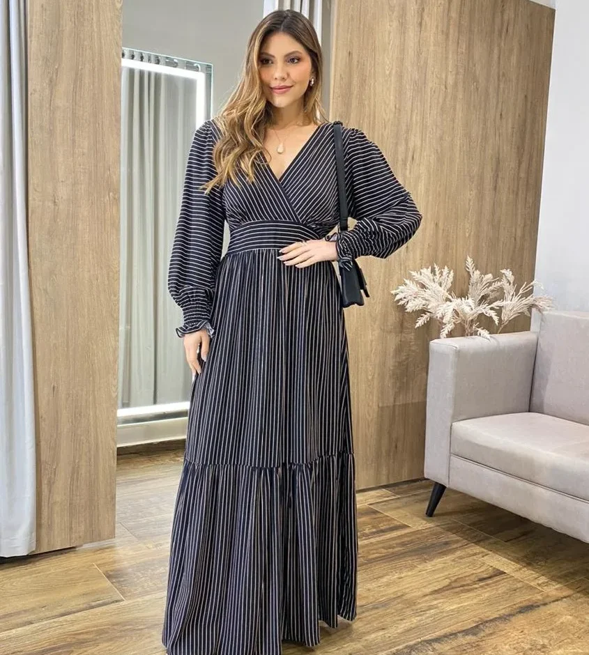 Vestido Longo Alice sem Bojo Manga Longa Preto Listrado - Fernanda Ramos Store