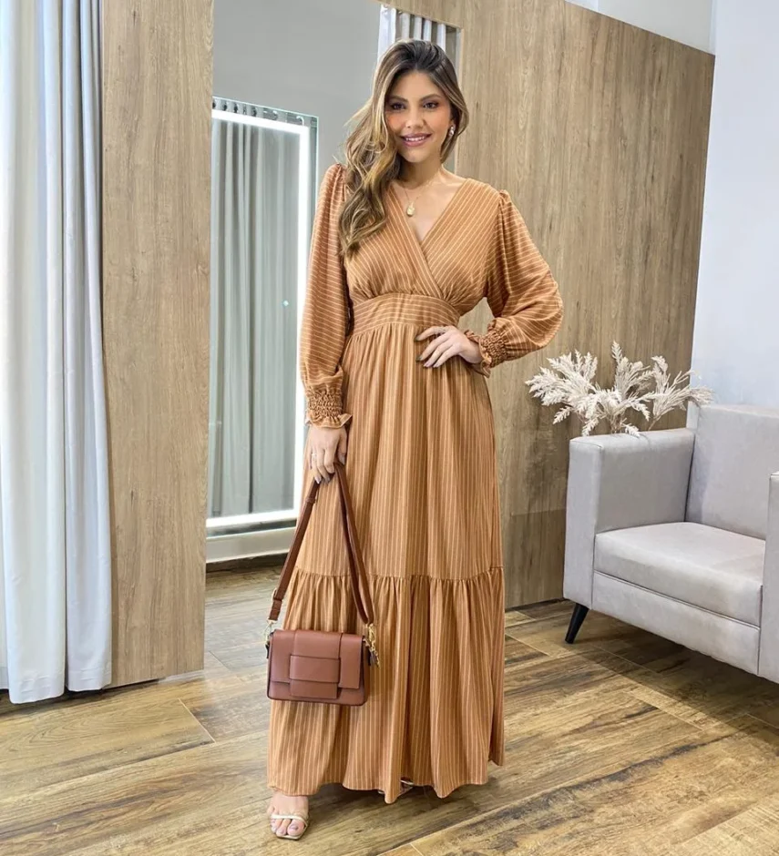 Vestido Longo Alice sem Bojo Manga Longa Bege Listrado - Fernanda Ramos Store