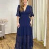 Vestido Longo Amanda sem Bojo Manga 3/4 Azul Marinho - Fernanda Ramos Store