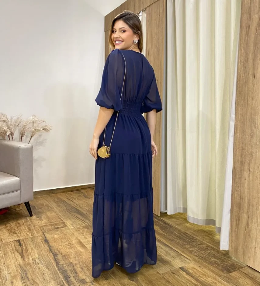 Vestido Longo Amanda sem Bojo Manga 3/4 Azul Marinho - Fernanda Ramos Store