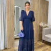 Vestido Longo Amanda sem Bojo Manga 3/4 Azul Marinho - Fernanda Ramos Store