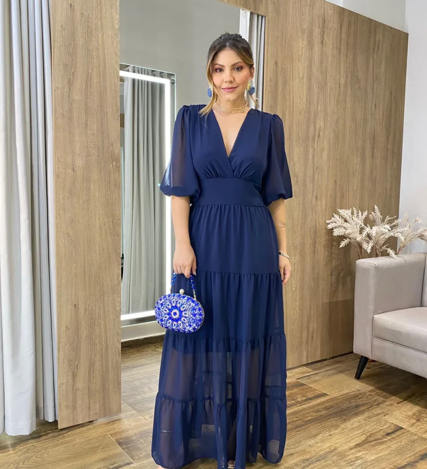 Vestido Longo Amanda sem Bojo Manga 3/4 Azul Marinho - Fernanda Ramos Store