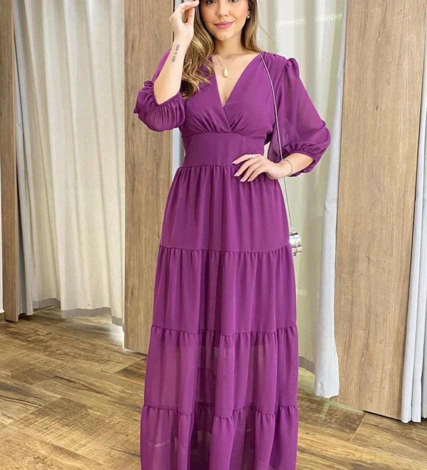 Vestido Longo Amanda sem Bojo Manga 3/4 Fúcsia - Fernanda Ramos Store