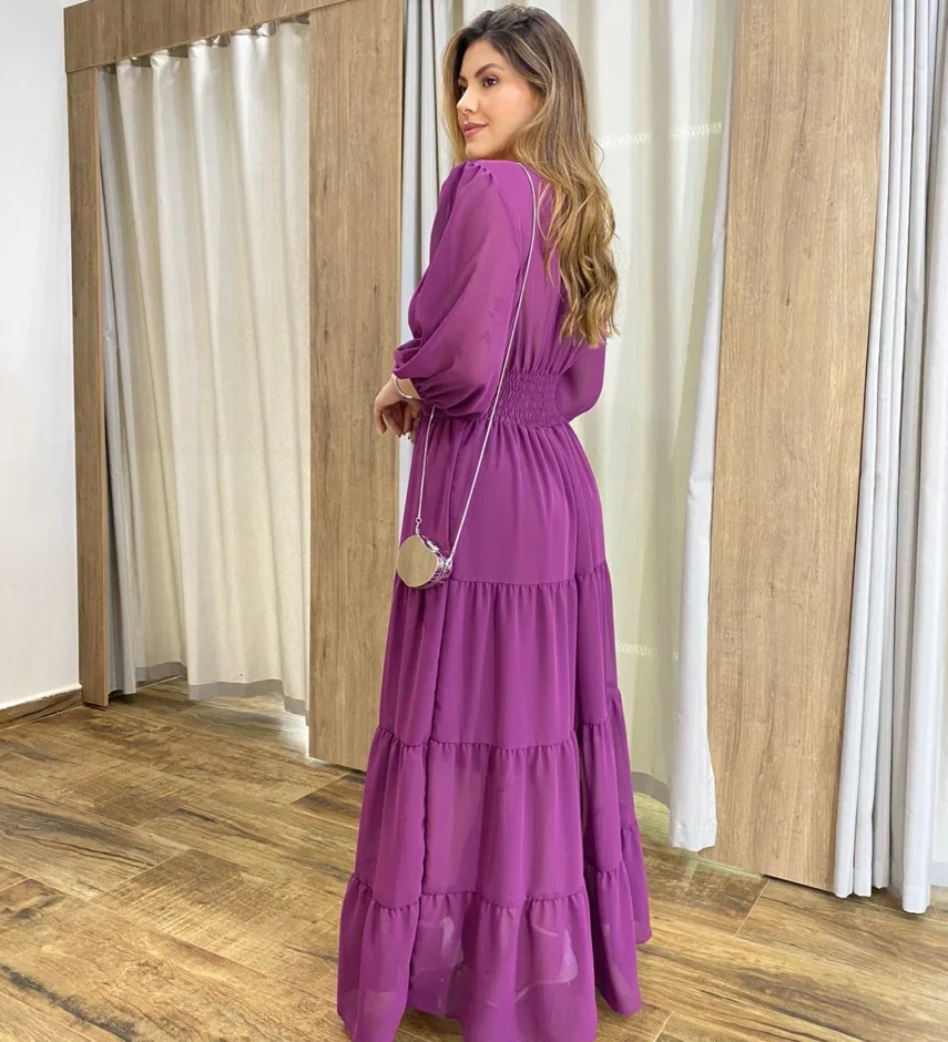 Vestido Longo Amanda sem Bojo Manga 3/4 Fúcsia - Fernanda Ramos Store