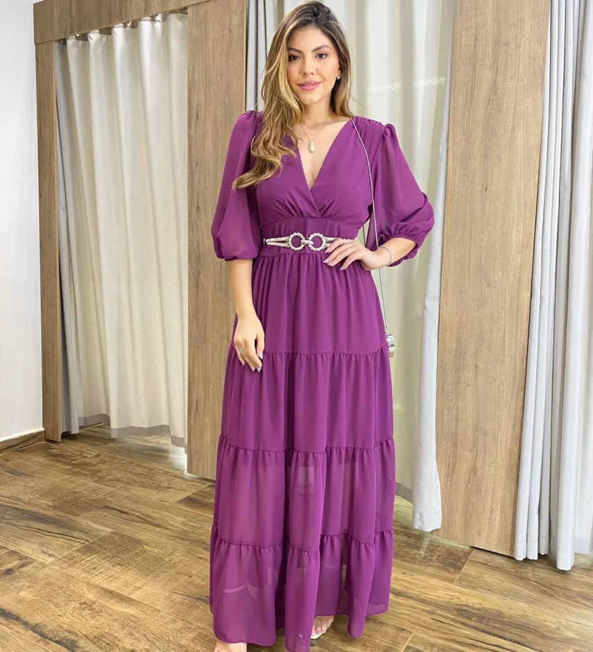 Vestido Longo Amanda sem Bojo Manga 3/4 Fúcsia - Fernanda Ramos Store