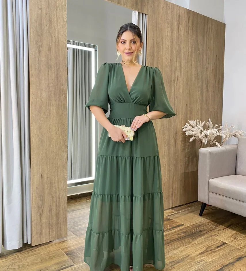 Vestido Longo Amanda sem Bojo Manga 3/4 Verde Militar - Fernanda Ramos Store