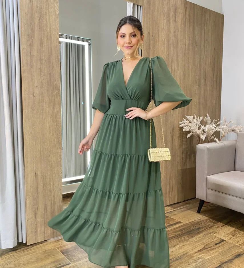 Vestido Longo Amanda sem Bojo Manga 3/4 Verde Militar - Fernanda Ramos Store